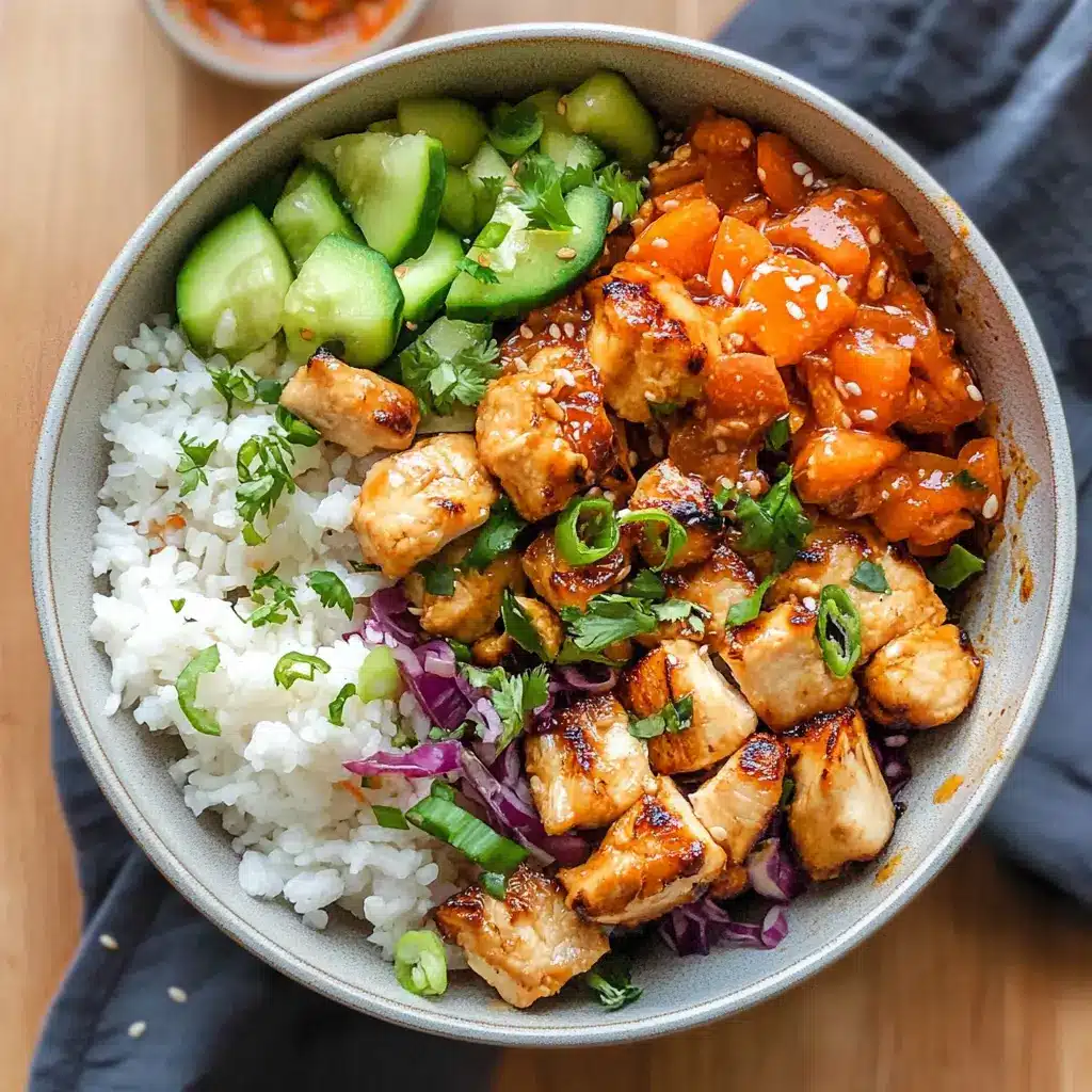 Glass container of bang bang chicken with colorful vegetables and spicy sauce
