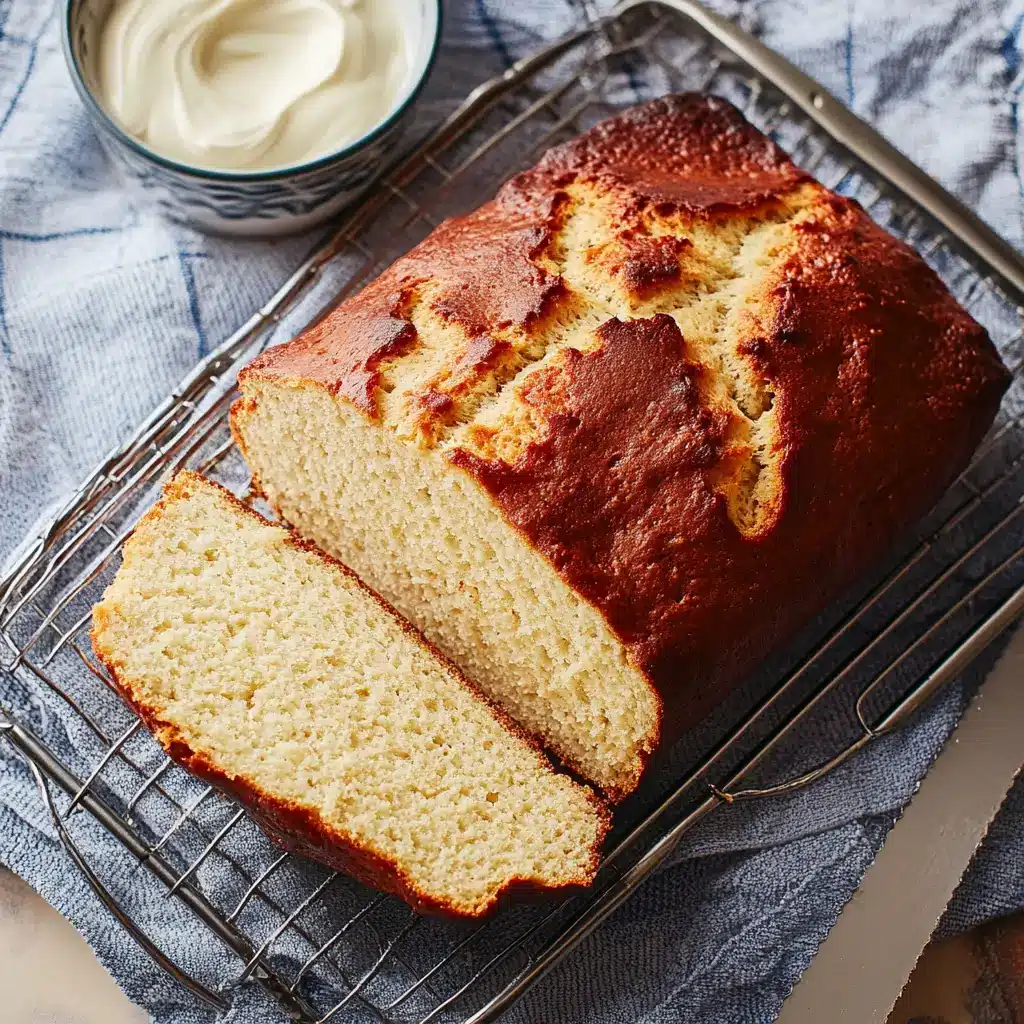Loaf of golden Greek yogurt protein bread with a slice cut, cooling on a rack