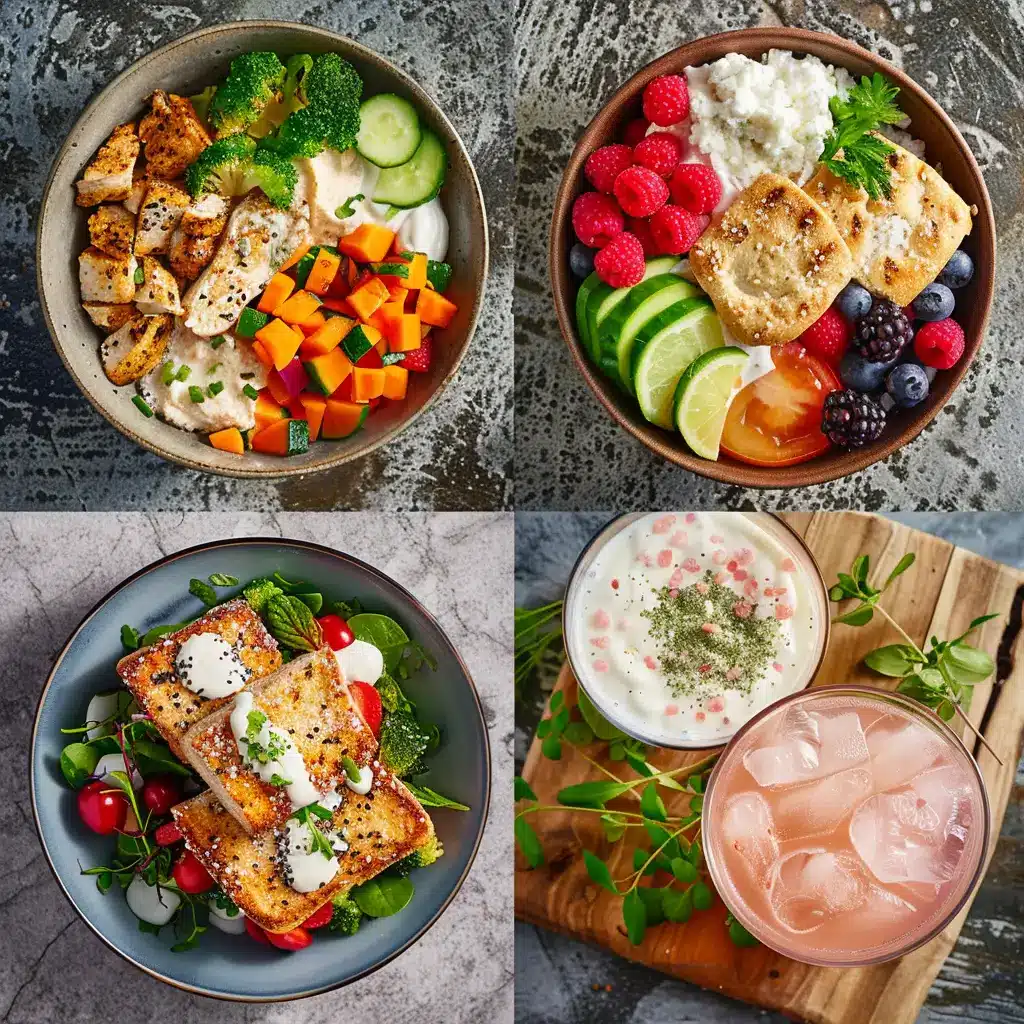 Collage of four Natural Zepbound Recipe dishes: chicken bowl, cottage-cheese snack, yogurt bread, and pink-salt drink