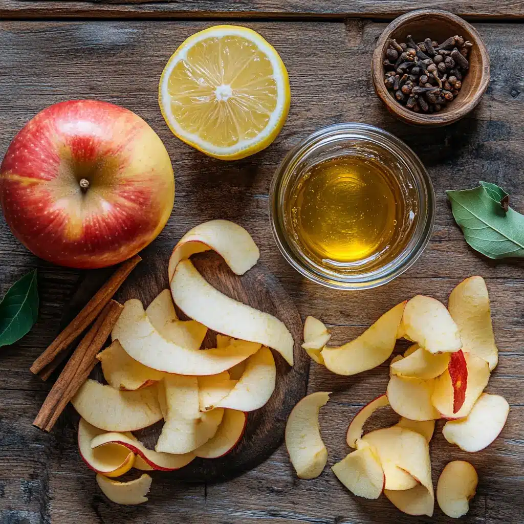 Flat lay of ingredients for apple peel recipe for weight loss on rustic wood table