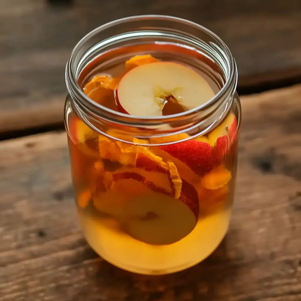 Jar of apple peel tea for weight loss with fresh apple slices and citrus peels