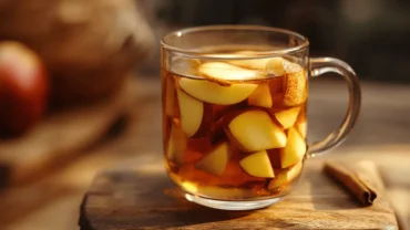 Glass of freshly brewed apple peel tea for weight loss with apple skins and cinnamon stick