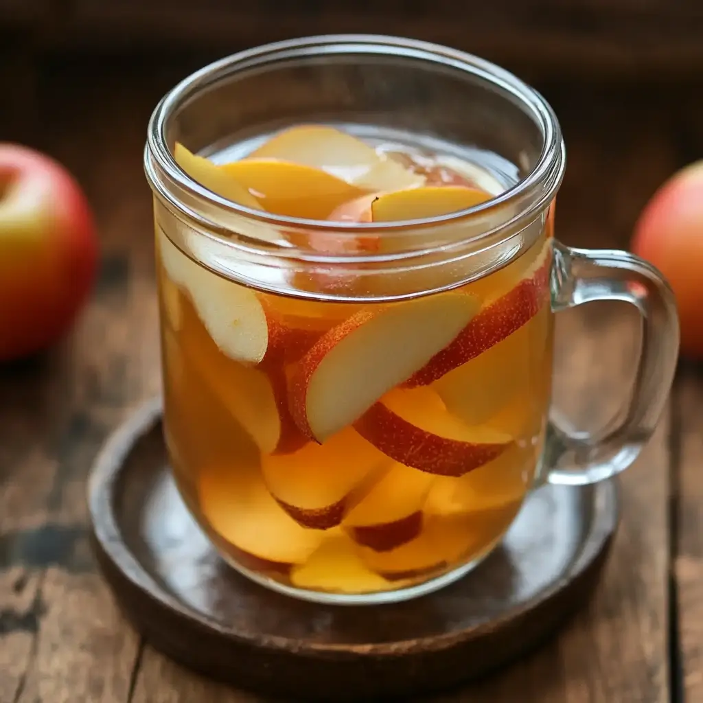 Glass mug filled with warm apple peel tea made from sliced apple skins

