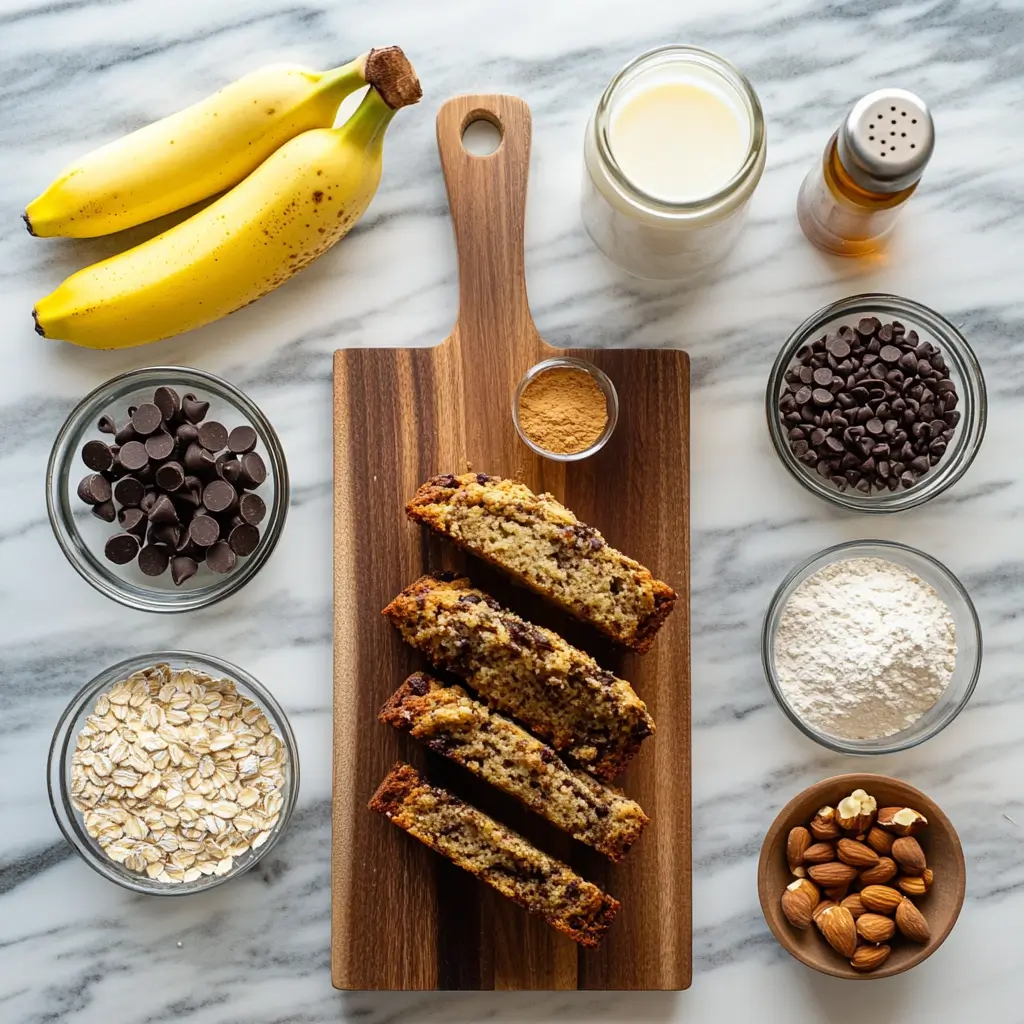 Ingredients for banana oat bread recipe from homemade Zepbound recipes including bananas, oat flour, chocolate chips, cinnamon, and milk on a modern kitchen counter