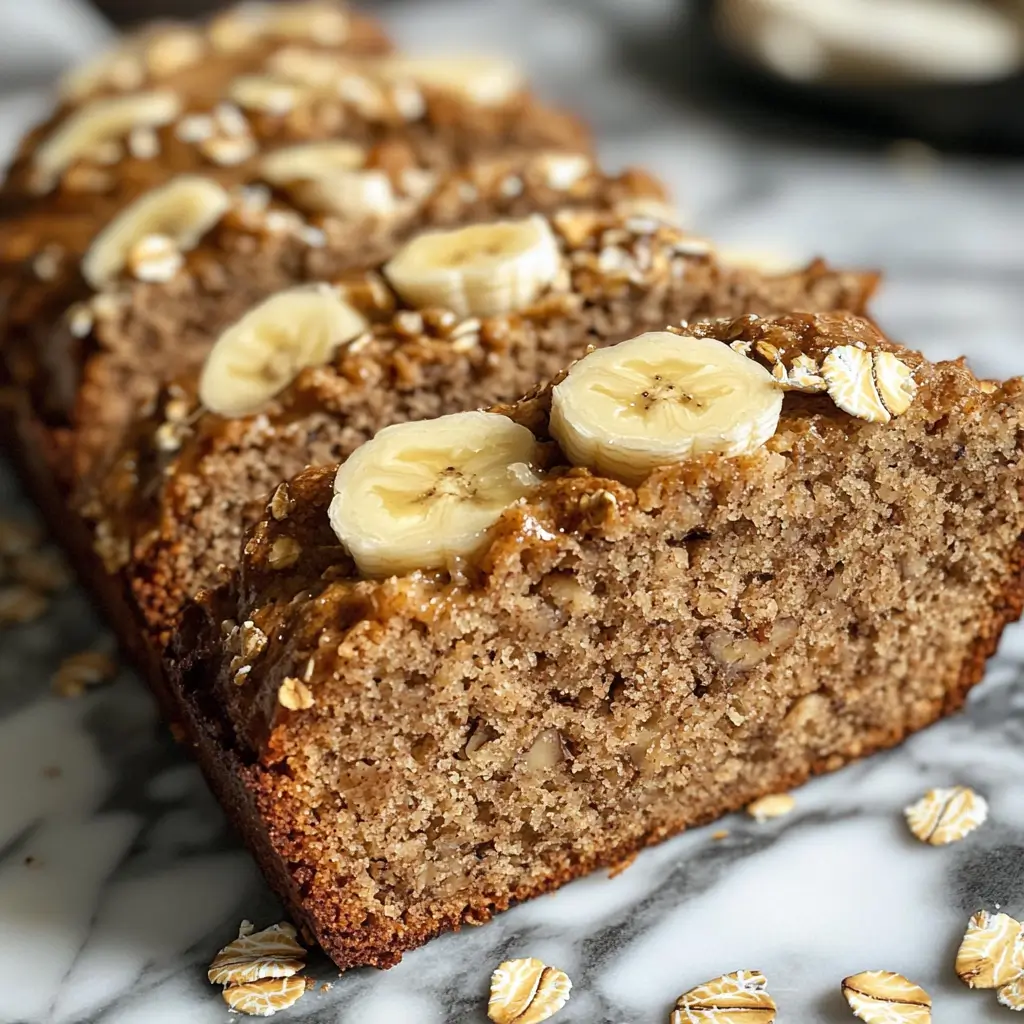 Close-up of banana oat bread from homemade Zepbound recipes topped with banana slices and oats