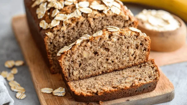 Close-up of a healthy banana oat bread loaf from homemade Zepbound recipes