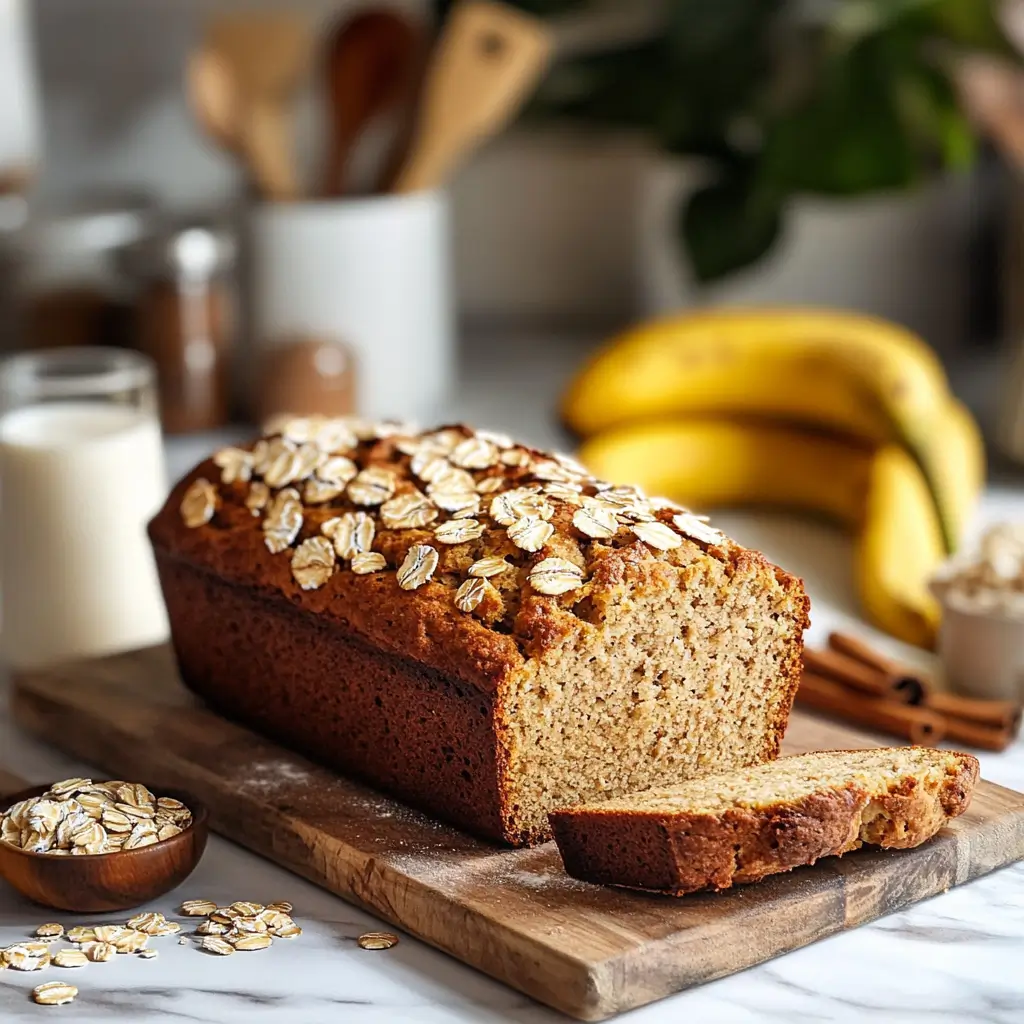 Banana oat bread from homemade Zepbound recipes on a wooden board in a modern kitchen