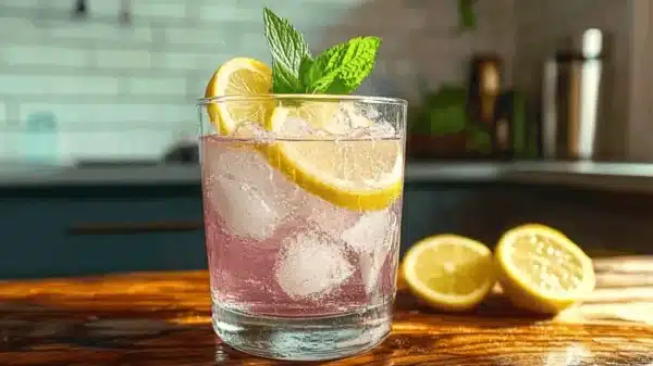 Glass of natural zepbound drink recipe with lemon and mint using the pink salt trick