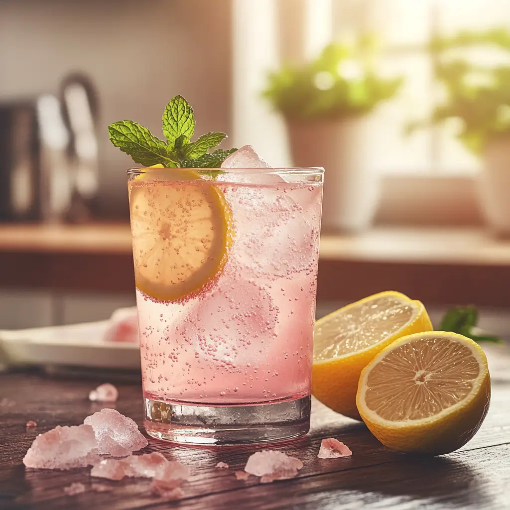 Close-up of natural zepbound drink recipe with lemon and pink salt trick
