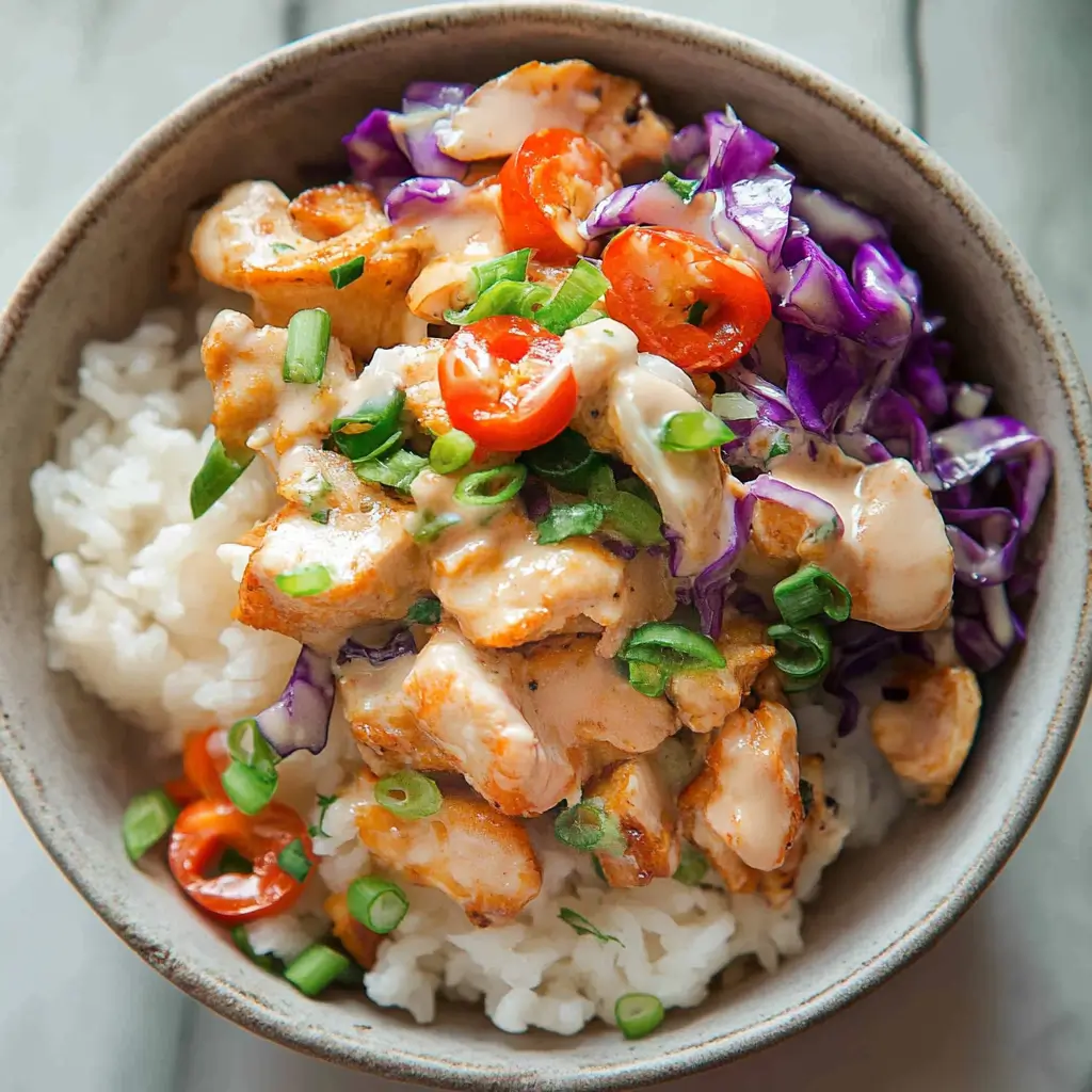Bang Bang Chicken Bowl with red chili, cabbage, and rice for natural Zepbound recipe

