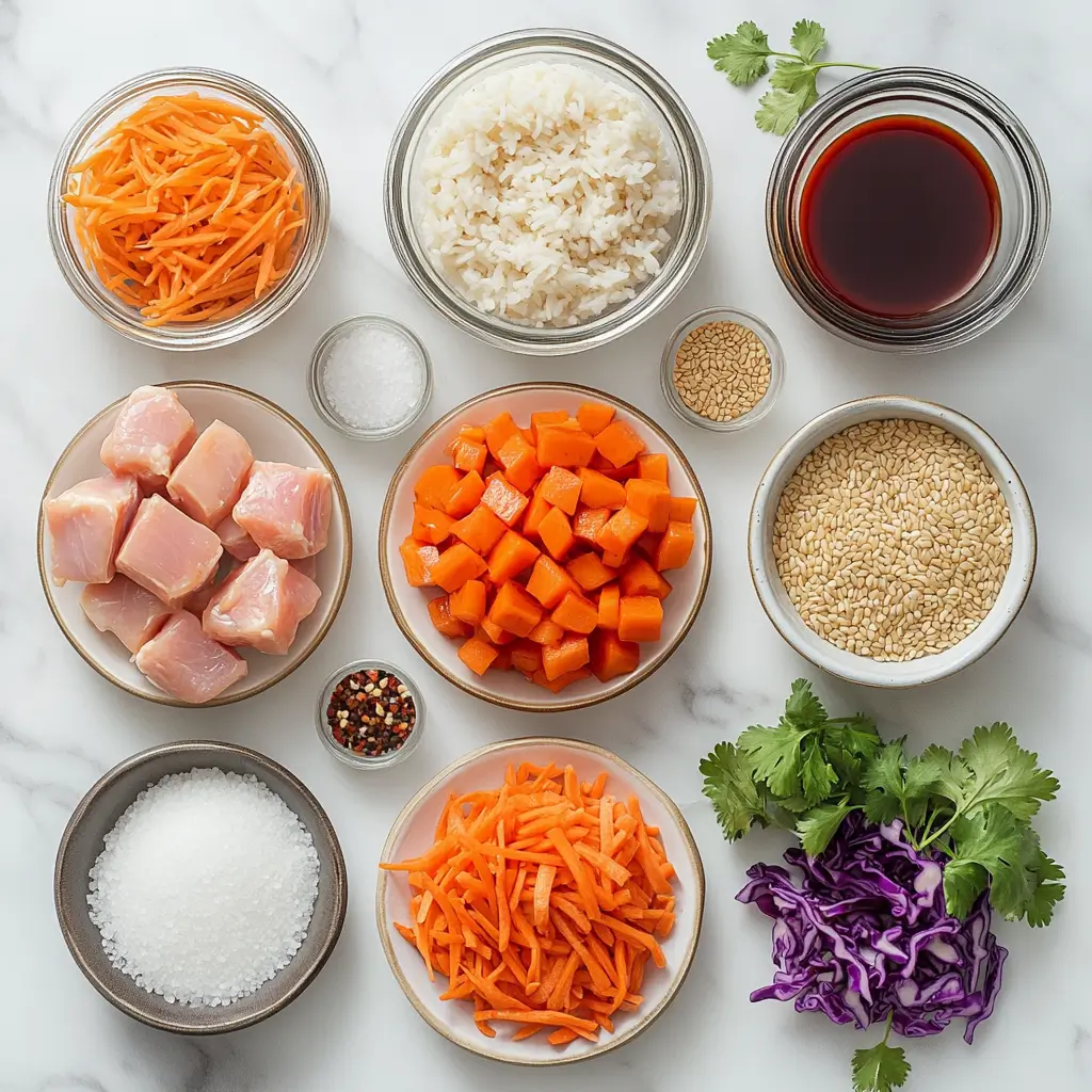 Ingredients for natural Zepbound recipe including chicken, rice, carrots, cabbage, and cilantro