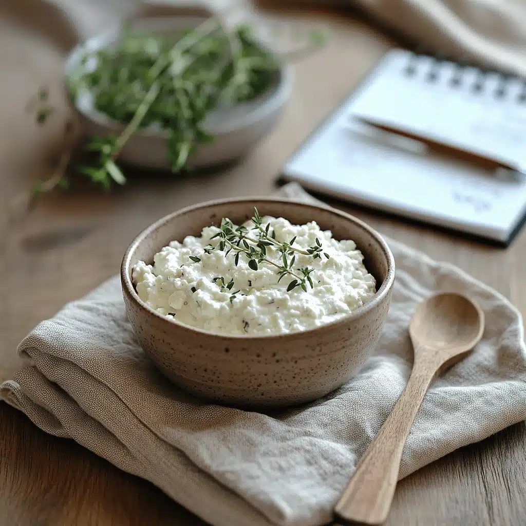 Bowl of vegan cottage cheese topped with herbs, placed on linen with a wooden spoon and wellness journal — simple Zepbound snack moment
