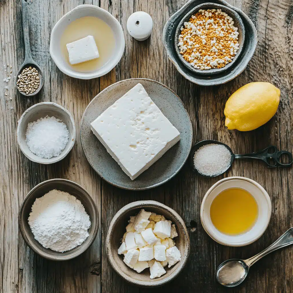 Top-down view of vegan cottage cheese ingredients including tofu, lemon, nutritional yeast, salt, miso paste, and coconut oil — ideal for Zepbound snacks

