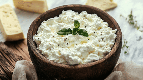 Rustic bowl of vegetarian cottage cheese served as a healthy Zepbound snack with fresh herbs – high protein and dairy-free